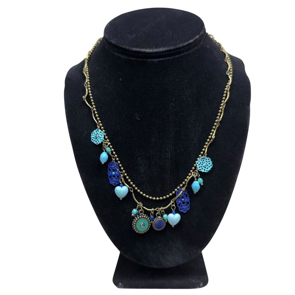OHQ Gold Tone Charm Necklace Enamel Turquoise Layered Boho Pendant 9 in L